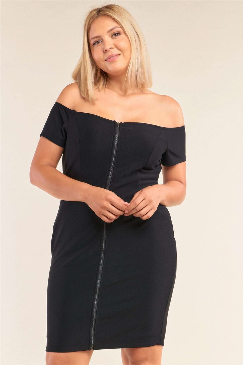 Plus Size Fitted Off-the-shoulder Front Zipper Bodycon Mini Dress - Fit Me For 20