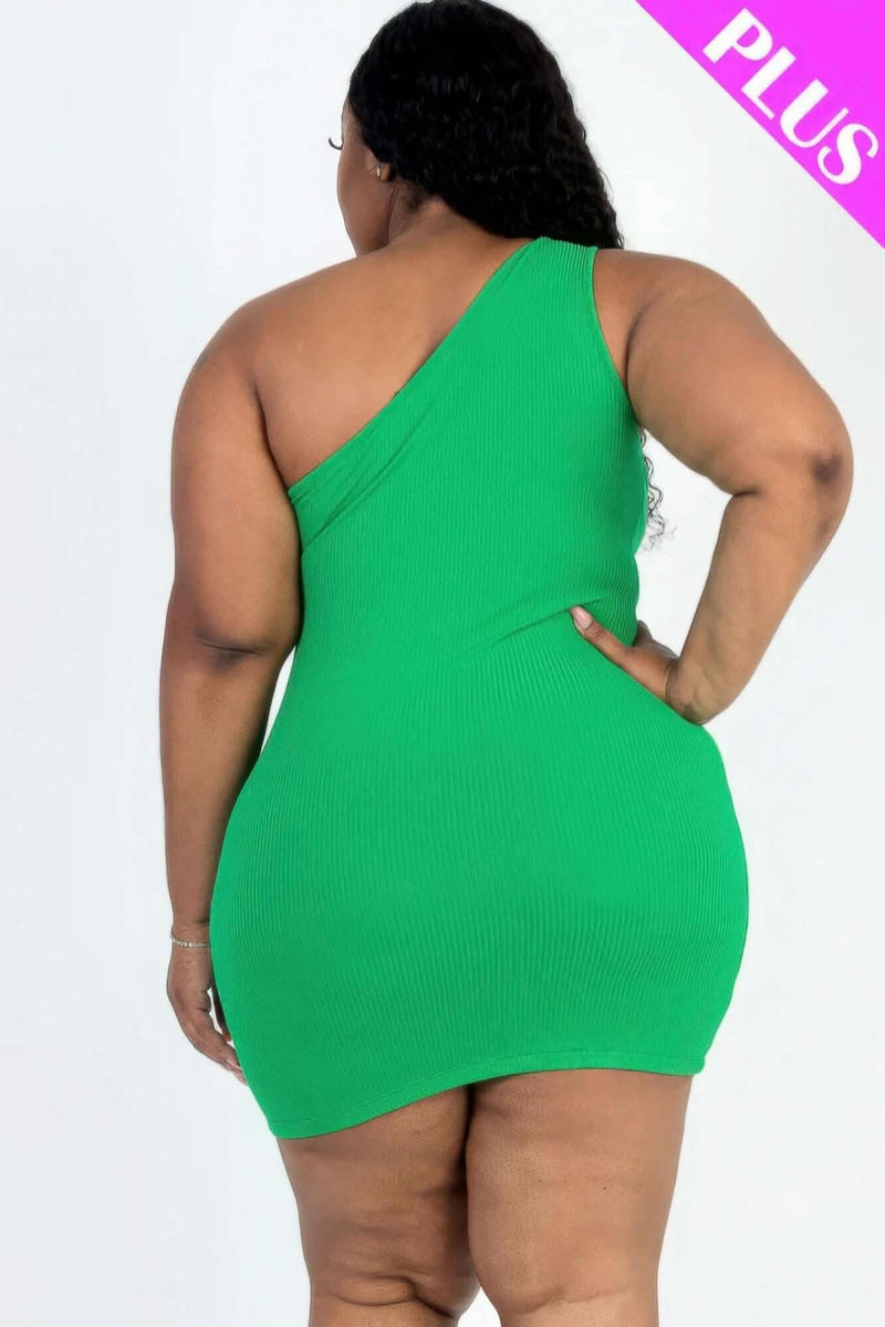 Plus Size Ribbed One Shoulder Cutout Front Casual Mini Bodycon Dress - Fit Me For 20