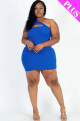 Plus Size Ribbed One Shoulder Cutout Front Casual Mini Bodycon Dress - Fit Me For 20