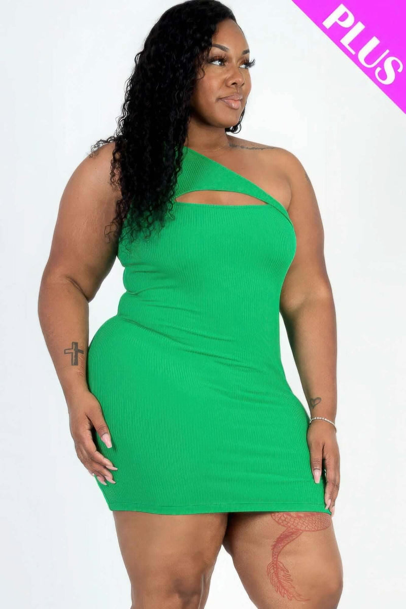 Plus Size Ribbed One Shoulder Cutout Front Casual Mini Bodycon Dress - Fit Me For 20