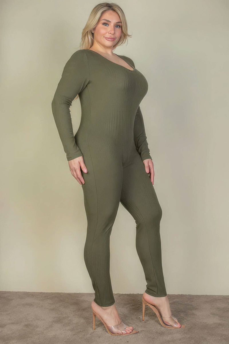 Plus Size Ribbed Scoop Neck Long Sleeve Jumpsuit - Fit Me For 20