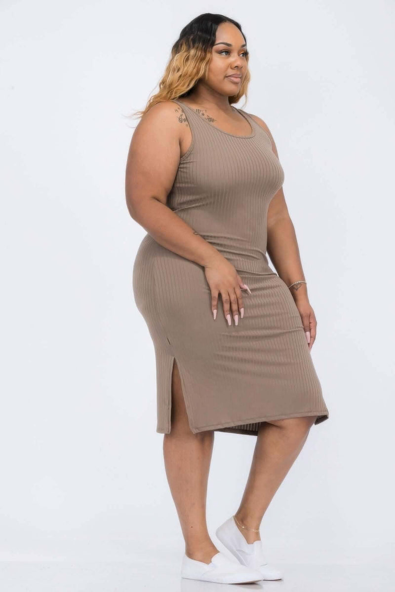 Plus Size Ribbed Side Slit Tank Midi Dress - Fit Me For 20