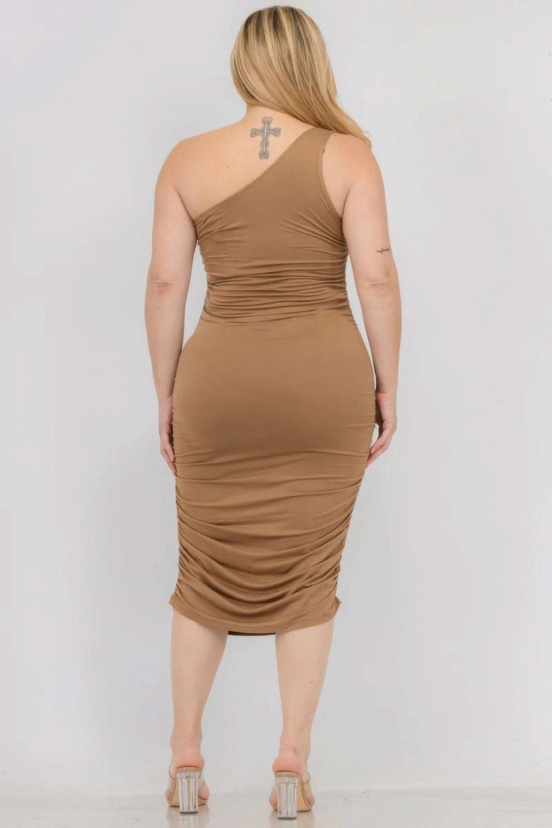 Plus Size Sexy Solid Color Ruched One Shoulder Midi Bodycon Dress - Fit Me For 20