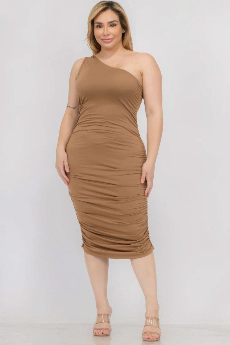 Plus Size Sexy Solid Color Ruched One Shoulder Midi Bodycon Dress - Fit Me For 20