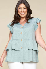 Plus Size Solid Button Flutter Sleeve Top - Fit Me For 20