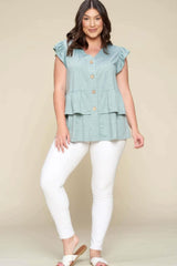 Plus Size Solid Button Flutter Sleeve Top - Fit Me For 20