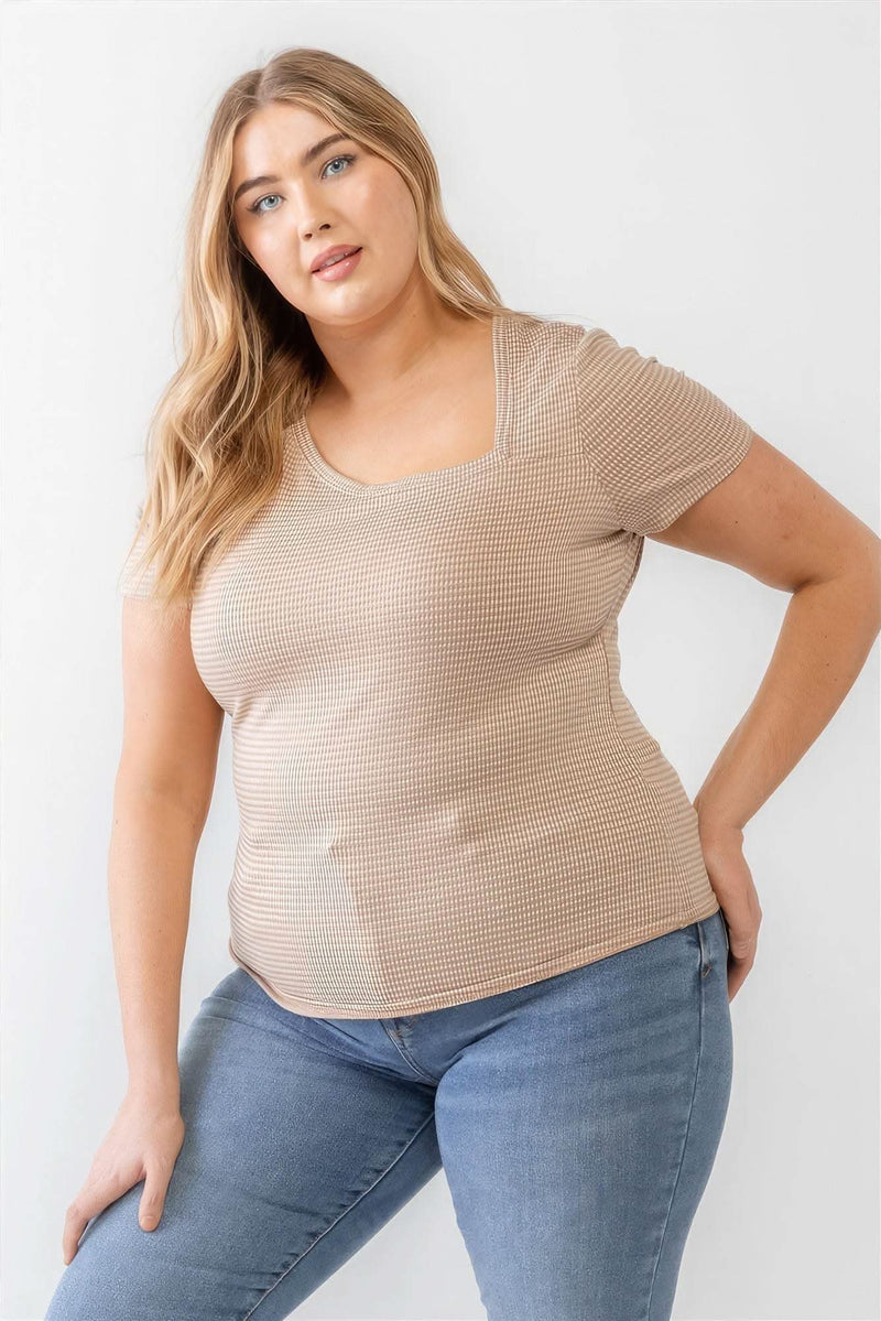 Plus Taupe Waffle Knit Angled Neck Short Sleeve Top - Fit Me For 20