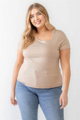 Plus Taupe Waffle Knit Angled Neck Short Sleeve Top - Fit Me For 20