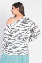 Plus White & Charcoal Zebra Flannel Cold Shoulder Long Sleeve Top - Fit Me For 20