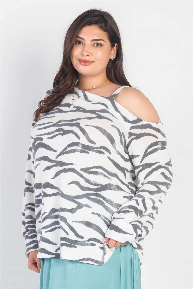 Plus White & Charcoal Zebra Flannel Cold Shoulder Long Sleeve Top - Fit Me For 20
