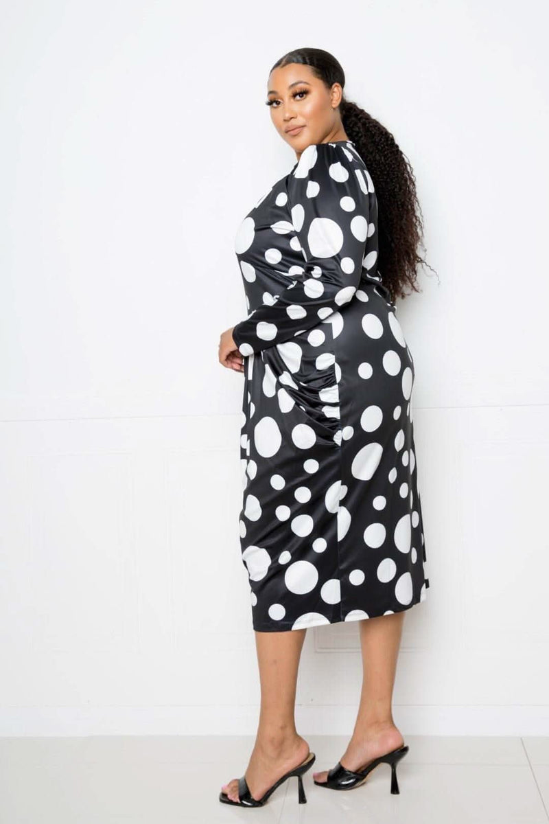 Polka Dot Drop Waist Ruched Midi Dress - Fit Me For 20