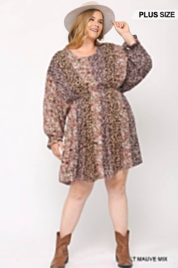 Print Mixed Dolman Sleeve Dress With Side Pockets - Fit Me For 20
