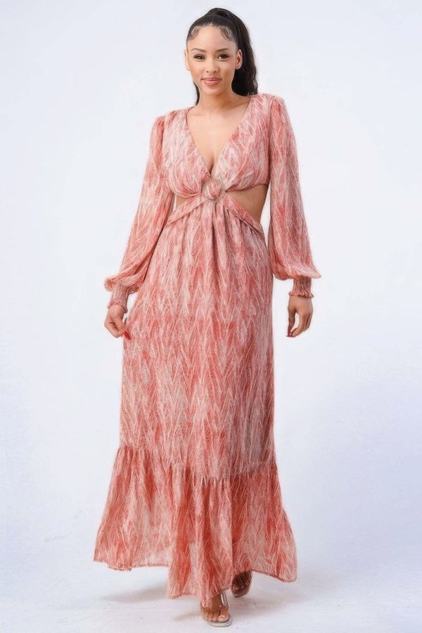 Printed V Neck Self Belted Side Cut Out Ruffled Maxi Dress - Fit Me For 20