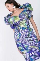 Puff Sleeve Bodycon Print Dress - Fit Me For 20