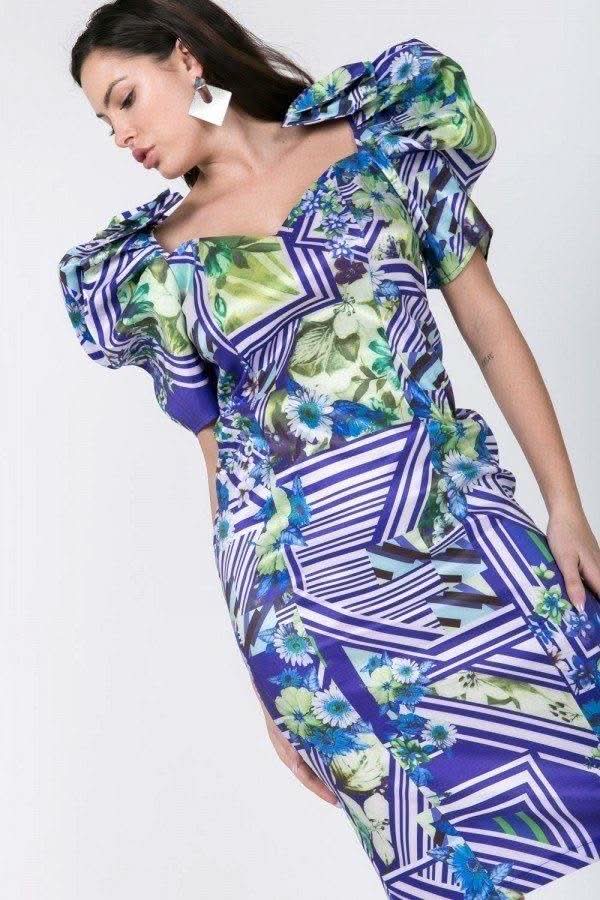 Puff Sleeve Bodycon Print Dress - Fit Me For 20