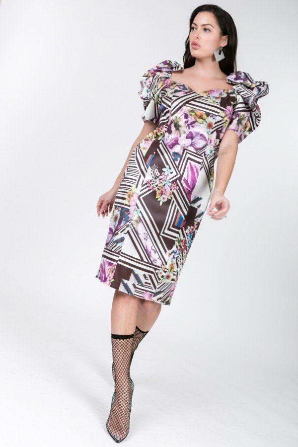 Puff Sleeve Bodycon Print Dress - Fit Me For 20