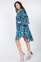 Puffy Ruffle Sleeve Smocking Off Shoulder Print Midi Dress - Fit Me For 20