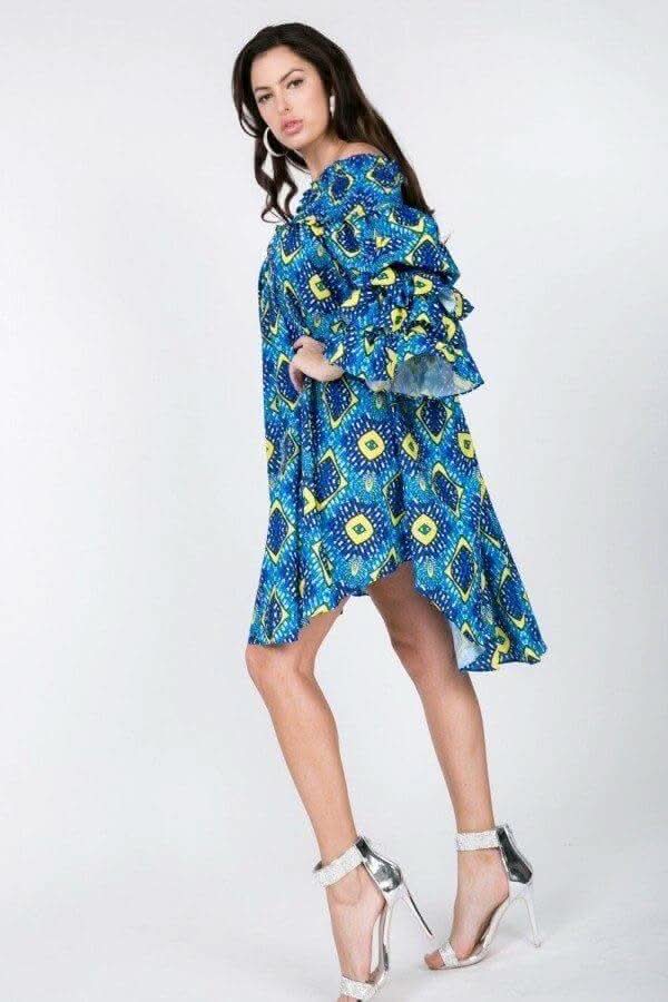 Puffy Ruffle Sleeve Smocking Off Shoulder Print Midi Dress - Fit Me For 20