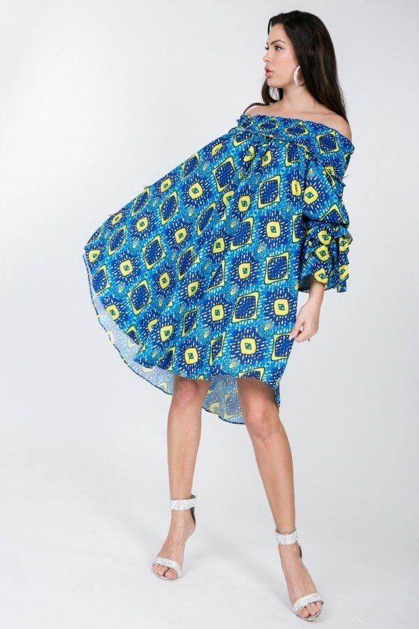 Puffy Ruffle Sleeve Smocking Off Shoulder Print Midi Dress - Fit Me For 20