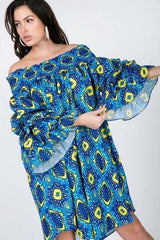 Puffy Ruffle Sleeve Smocking Off Shoulder Print Midi Dress - Fit Me For 20