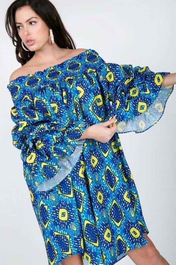 Puffy Ruffle Sleeve Smocking Off Shoulder Print Midi Dress - Fit Me For 20