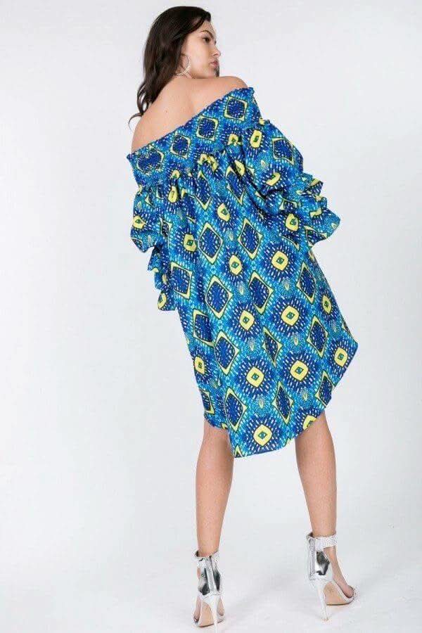 Puffy Ruffle Sleeve Smocking Off Shoulder Print Midi Dress - Fit Me For 20