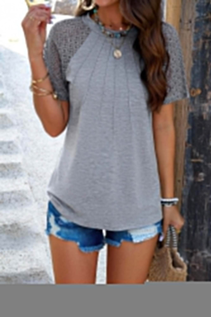 Pure Color Hollow Out Sleeve Round Neck T Shirt - Fit Me For 20