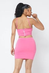 Rhinestone Detailed Strappy Cropped Top With Matching Rhinestone Pocket Detail Mini Skirt - Fit Me For 20