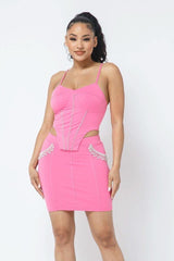 Rhinestone Detailed Strappy Cropped Top With Matching Rhinestone Pocket Detail Mini Skirt - Fit Me For 20