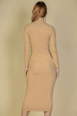 Ribbed Mock Neck Long Sleeve Bodycon Midi Dress - Fit Me For 20