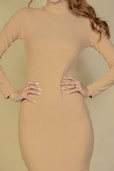 Ribbed Mock Neck Long Sleeve Bodycon Midi Dress - Fit Me For 20