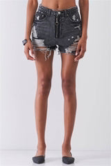 Ripped High-waist Front Zip-up Raw Hem Detail Distressed Mini Shorts - Fit Me For 20