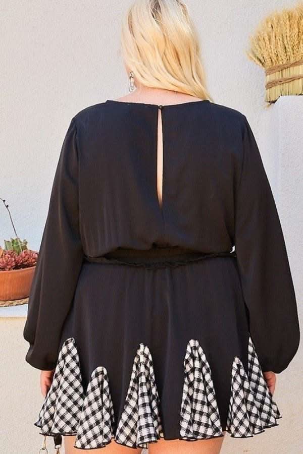 Round Neck 3/4 Bubble Sleeve Gingham Ruffle Romper - Fit Me For 20