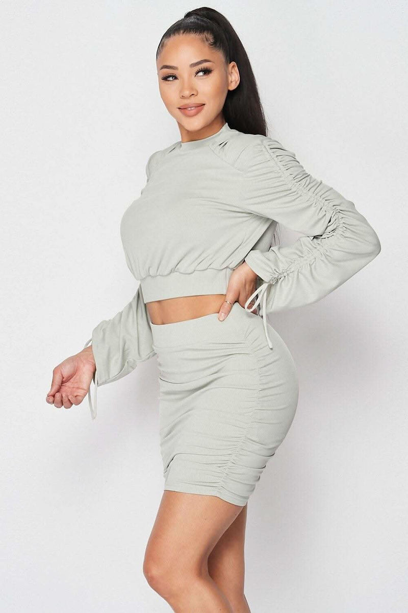 Ruched Long Sleeve And Skirt Set - Fit Me For 20
