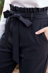 Ruffle High Waist Belt Side Pocket Front Zipper Solid Pants - Fit Me For 20