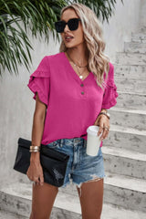 Ruffle Solid V Neck Short Sleeve Tunic Shirt - Fit Me For 20