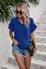 Ruffle Solid V Neck Short Sleeve Tunic Shirt - Fit Me For 20