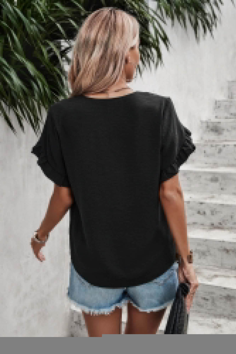 Ruffle Solid V Neck Short Sleeve Tunic Shirt - Fit Me For 20