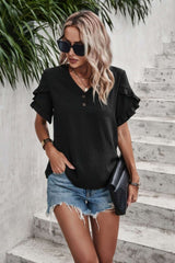 Ruffle Solid V Neck Short Sleeve Tunic Shirt - Fit Me For 20