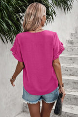 Ruffle Solid V Neck Short Sleeve Tunic Shirt - Fit Me For 20
