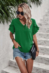 Ruffle Solid V Neck Short Sleeve Tunic Shirt - Fit Me For 20