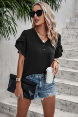 Ruffle Solid V Neck Short Sleeve Tunic Shirt - Fit Me For 20