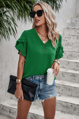 Ruffle Solid V Neck Short Sleeve Tunic Shirt - Fit Me For 20