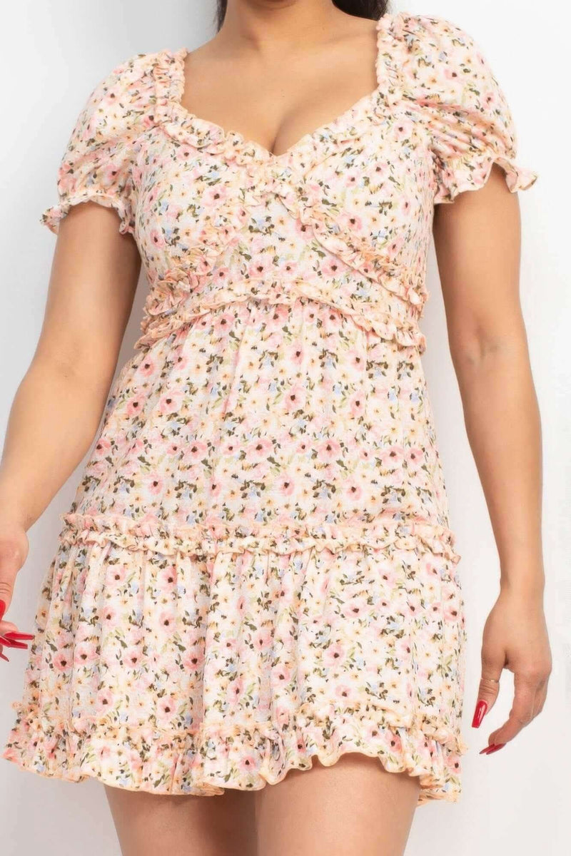 Ruffled Floral Puff Sleeve Dress - Fit Me For 20