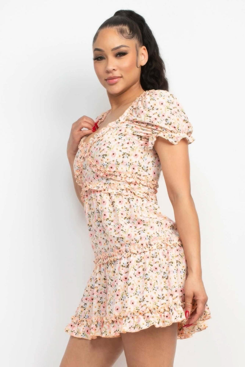 Ruffled Floral Puff Sleeve Dress - Fit Me For 20