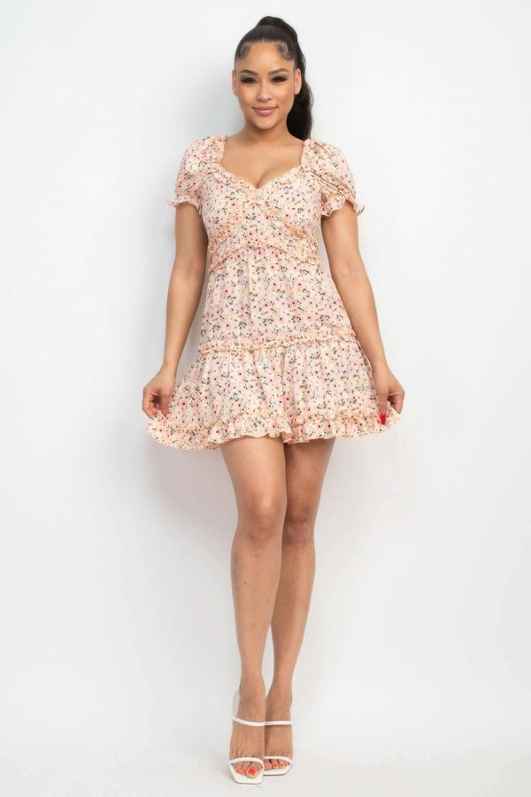 Ruffled Floral Puff Sleeve Dress - Fit Me For 20