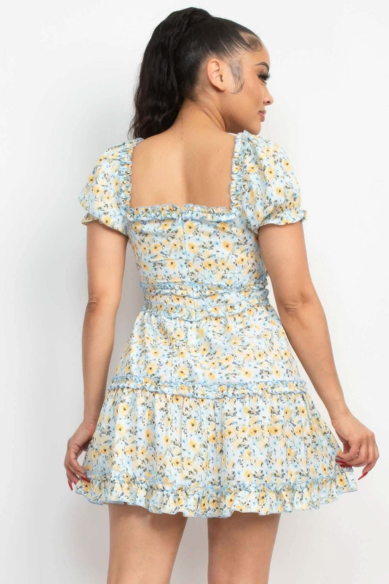 Ruffled Floral Puff Sleeve Dress - Fit Me For 20