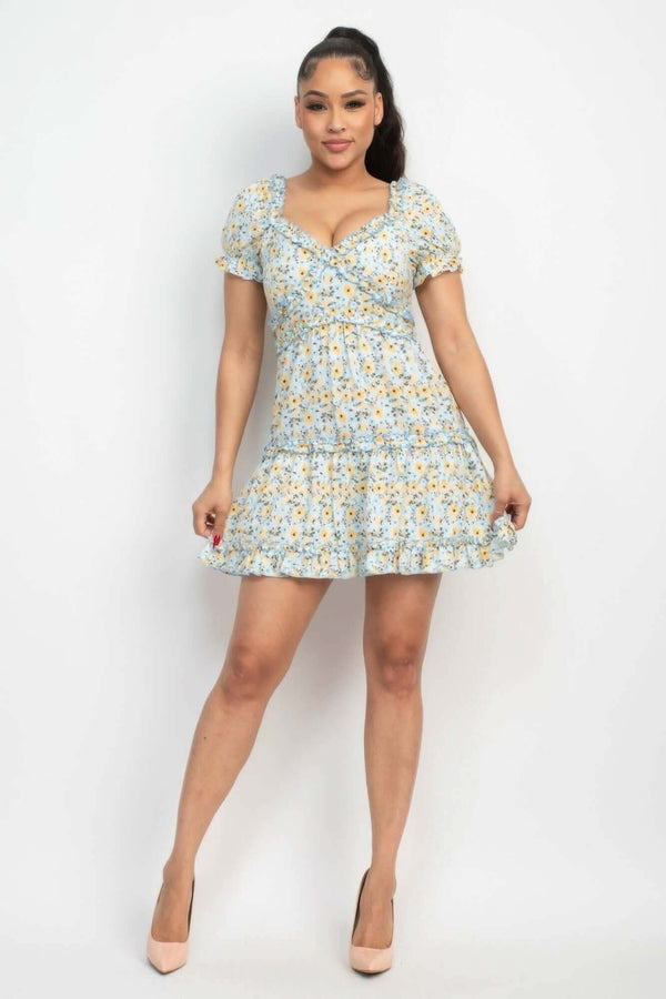 Ruffled Floral Puff Sleeve Dress - Fit Me For 20