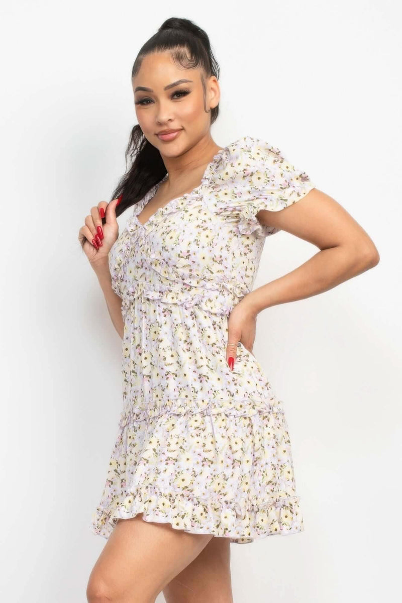 Ruffled Floral Puff Sleeve Dress - Fit Me For 20