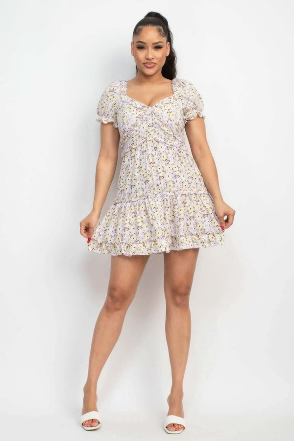 Ruffled Floral Puff Sleeve Dress - Fit Me For 20
